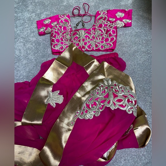 Saree Pink with Gold Silk Trim and Embroidered Designs - Picture 3 of 7
